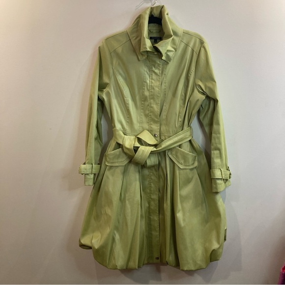 SAMUEL DONG Sz L Bubble Hem High Collar Belted Pockets Buckle At Sleeves Coat - Picture 2 of 11